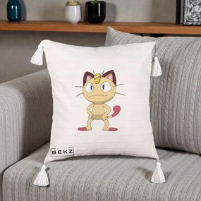 Perna Personalizata Meowth Pokemon, 40x40 cm, Bej cu Franjuri, Husa Detasabila, Perna Inclusa, BEKZ®