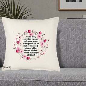 Cadou pentru Mama - Perna Personalizata Mama Mea Mesaj Floral, 40x40 cm, Crem Reliefat, Husa Detasabila, Perna Inclusa, BEKZ®