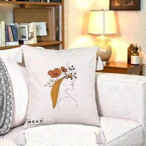 Perna Decorativa Portret Feminin Maci Rosii Auriu, 40x40 cm, Bej cu Franjuri, Husa Detasabila, Perna Inclusa, BEKZ®