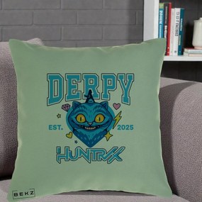 Perna Personalizata K-pop HUNTRX Derpy Pisica Albastra, 40x40 cm, Verde, Husa Detasabila, Perna Inclusa, BEKZ®