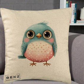 Perna Decorativa Pasare Teal-Roz cu Pete, 40x40 cm, Bej, Husa Detasabila, Perna Inclusa, BEKZ®