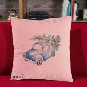 Perna Decorativa Masinuta Albastra cu Brad de Craciun, 40x40 cm, Roz, Husa Detasabila, Perna Inclusa, BEKZ®