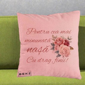 Cadou pentru Nasa - Perna Personalizata Pentru Cea mai Minunata Nasa Cu drag Finii, 40x40 cm, Roz, Husa Detasabila, Perna Inclusa, BEKZ®