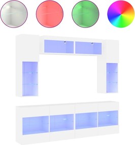 vidaXL Set comode TV de perete, 6 piese, cu lumini LED, alb