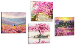 Set tablouri imitația frumoasă de pictură în ulei în coloarea roz