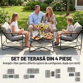 Set de Grădină Outsunny cu Canapea, 2 Fotolii și Măsuță cu Blat din Sticlă, Mobilier de Exterior cu Perne Groase, Gri Deschis | Aosom Romania