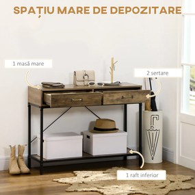 Masă Consolă Vintage HOMCOM din Metal și Lemn, Design Elegant cu 2 Sertare și Raft, Maro, pentru Living, Sufragerie | Aosom Romania