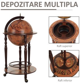 Bar in forma de Glob HOMCOM, Suport Sticle, din lemn cu 3 roți, Ф47x90cm | AOSOM RO