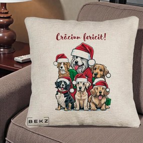Perna Decorativa Caini cu Bonete Craciun Fericit, 40x40 cm, Bej Canapea, Husa Detasabila, Perna Inclusa, BEKZ®
