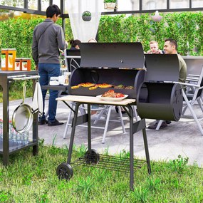 Outsunny Gratar de gradina cu capac si afumator, gratar pe carbune cu rafturi si roti 124x53x104cm, negru | AOSOM RO