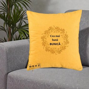 Cadou pentru Bunica - Perna Personalizata Cea Mai Buna Bunica Coronita Frunze Acuarela, 40x40 cm, Galben, Husa Detasabila, Perna Inclusa, BEKZ®