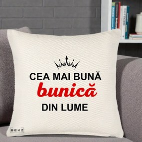 Cadou pentru Bunica - Perna Personalizata Cea Mai Buna Bunica Din Lume Coroana Neagra, 40x40 cm, Crem Reliefat, Husa Detasabila, Perna Inclusa, BEKZ®