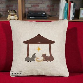 Perna Decorativa Ieslea din Betleem cu Iesle Asin si Bou, 40x40 cm, Bej Canapea, Husa Detasabila, Perna Inclusa, BEKZ®