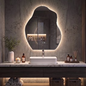 HOMCOM Oglindă baie LED 80 x 60 cm, 3 culori, design neregulat, Bluetooth, antiaburire, touch | Aosom Romania