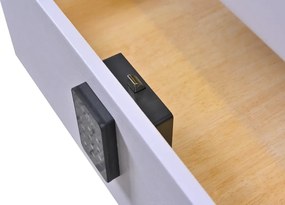 RESIGILAT- Noptieră inteligentă multifuncțională, sertar tip seif cu parolă, încărcare Wireless, difuzor Bluetooth, iluminare LED touch în 3 culori, Alb