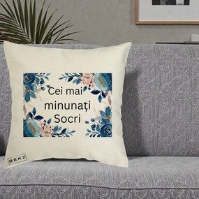 Cadou pentru Socri - Perna Personalizata Cei mai Minunati Socri cu Flori Albastre si Roz, 40x40 cm, Ecru, Husa Detasabila, Perna Inclusa, BEKZ®