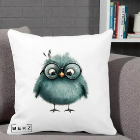 Perna Decorativa Pui Teal cu Ochelari Rotunzi, 40x40 cm, Alba Mata, Husa Detasabila, Perna Inclusa, BEKZ®