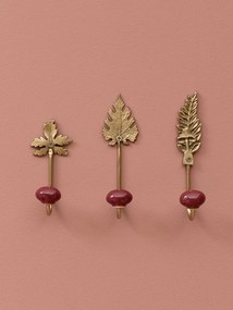Set 3 cuiere de perete din metal și ceramică, auriu și bordo, frunze sculptate și sferă din ceramică, finisaj lucios, 15,5 x 4 cm, „Feuilles”