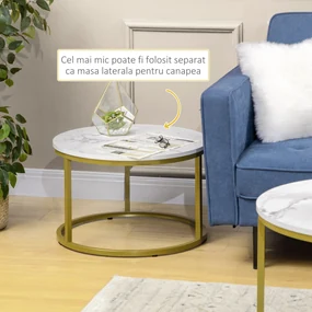 HOMCOM Set de 2 mese rotunde, set de masute de cafea stivuite cu cadru metalic pentru camera de zi, alb | Aosom Romania