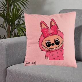 Perna Personalizata Labubu Roz cu Funda, 40x40 cm, Roz, Husa Detasabila, Perna Inclusa, BEKZ®