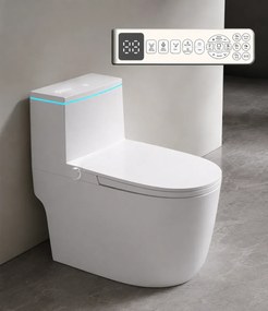 Smart WC 909 – Vas de Toaletă Inteligent cu Bideu Integrat, Rezervor Încorporat, Afișaj LED, Încălzire Colac, Uscare cu Aer Cald, Iluminare Ambientală RGB, Telecomandă, Ceramică Premium, Alb
