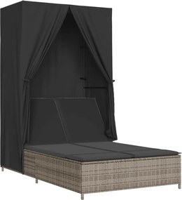 vidaXL Șezlong de plajă dublu cu acoperiș și perdele, gri, poliratan