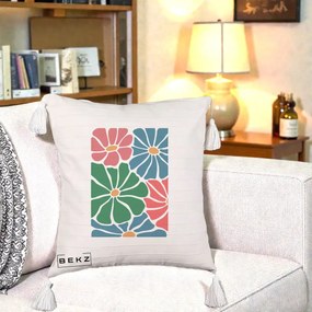 Perna Decorativa Flori Grafice Verde-Roz-Albastru, 40x40 cm, Bej cu Franjuri, Husa Detasabila, Perna Inclusa, BEKZ®