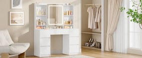 Masuta machiaj cu Oglinda LED si 7 Sertare pentru Cosmetice, Set Masa toaleta 108 cm, Alb, masuta cosmetica, vanity - SEA4
