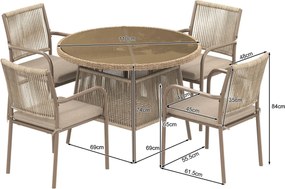 Set mobilier de grădină modern, 5 piese, masă rotundă cu blat din sticlă securizată, 4 scaune cu brațe cu spătar din sfoară, Maro