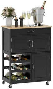 HOMCOM Cărucior de Bucătărie cu Suport pentru Sticle, 3 Uși, 4 Roți și Sertar, Dulapior de Bucătărie, 67x37x87 cm, Negru | Aosom Romania