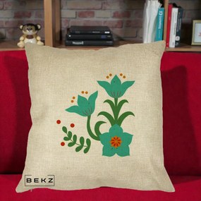 Perna Decorativa Flori Stilizate Folk Turcoaz, 40x40 cm, Crem, Husa Detasabila, Perna Inclusa, BEKZ®