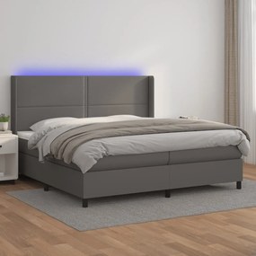 3139347 vidaXL Pat cu arcuri, saltea și LED, gri, 200x200 cm, piele ecologică