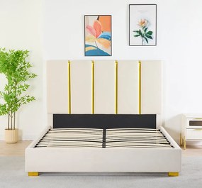 Pat Tapitat Catifea Bej 160x200 cm cu Somiera si Saltea Inclusa , Cod LB-214