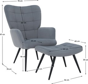 Fotoliu cu suport pentru picioare, ţesătură Velvet gri/negru, HABEN