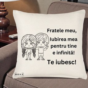 Cadou pentru Frate - Perna Personalizata Fratele Meu Te Iubesc Copii Anime Line Art Negru, 40x40 cm, Crem Reliefat, Husa Detasabila, Perna Inclusa, BEKZ®