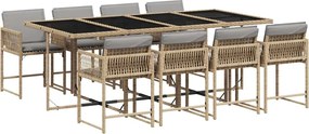 vidaXL Set de masă pentru grădină, 9 piese, cu perne, bej, poliratan