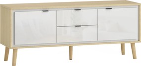 HOMCOM Dulap TV, pentru televizoare până la 140 cm, 2 uși lucioase, 2 sertare silențioase, 120 x 35 x 50 cm, alb | Aosom Romania