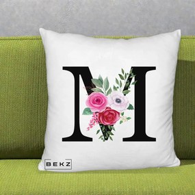 Cadou Personalizat - Perna Personalizata Monograma Florala Litera M cu Trandafiri si Anemona, 40x40 cm, Alb Pufos, Husa Detasabila, Perna Inclusa, BEKZ®