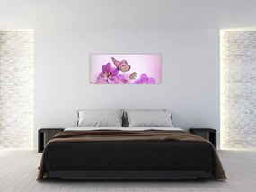 Tablou - Fluture pe flori de orhidee, liliac (120x50 cm)