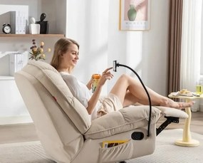 Fotoliu Recliner, suport picioare extensibil, suport telefon, Textil, Alb