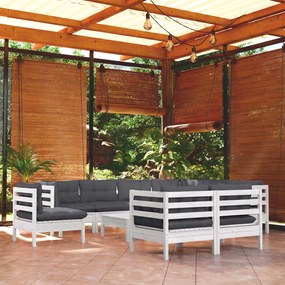 3096774 vidaXL Set mobilier grădină cu perne, 10 piese, alb, lemn masiv pin