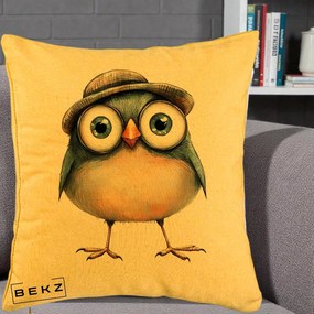 Perna Decorativa Pui cu Palarie Rotunda, 40x40 cm, Galben, Husa Detasabila, Perna Inclusa, BEKZ®
