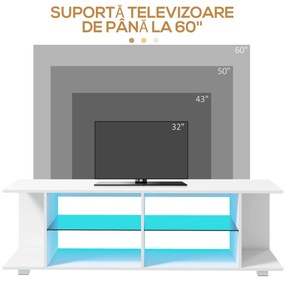 HOMCOM TV Stand, 145cm Modern TV Unit with Glass Shelves, RGB LED Light for 32 40 43 50 52 55 60 inch 4k TV, White
