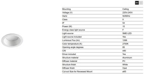 Spot LED baie incastrabil tavan IP54 DOP 15W 2700K alb