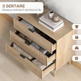 HOMCOM Comodă cu 3 Sertare, Picioare din Lemn Masiv și Design Canelat, 80x40x77,5 cm, Lemn Natural | Aosom Romania