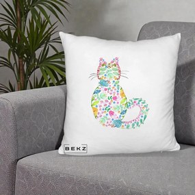 Perna Decorativa Pisica Florala Acuarela, 40x40 cm, Alb Pufos, Husa Detasabila, Perna Inclusa, BEKZ®
