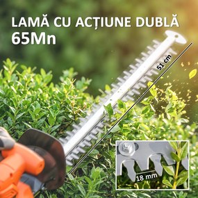 Outsunny Trimmer pentru Gard Viu pe Baterie 18V, Trimmer pentru Grădină cu 2 Baterii de 4Ah, Încărcător, Târnă Telescopică Reglabilă din Aluminiu, Lamă Cu Acțiune Dublă de 51cm pentru Ramuri, Portocaliu | Aosom Romania