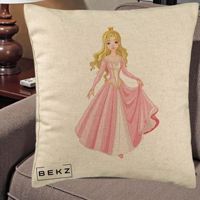 Perna Decorativa Printesa Aurora Rochie Roz, 40x40 cm, Bej, Husa Detasabila, Perna Inclusa, BEKZ®