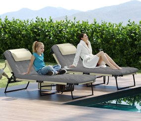 Outsunny Set de 2 șezlonguri pliabile cu spătar reglabil în 4 poziții - suport pentru cap și saltea groasă crem | Aosom Romania