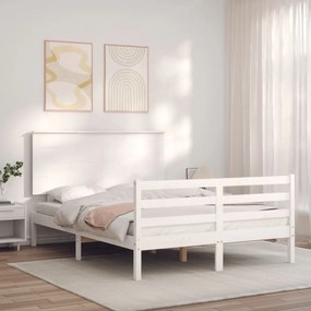 3195197 vidaXL Cadru de pat cu tăblie, dublu, alb, lemn masiv